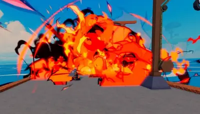 Roblox Blox Fruits gameplay screenshot showing a fiery Dragon Talon power explosion