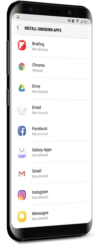 Android "Install unknown apps" settings screen with Chrome shown as allowed for installing APK files