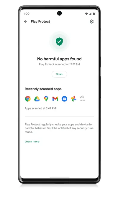 Google Play Protect screen on an Android phone showing "No harmful apps found"