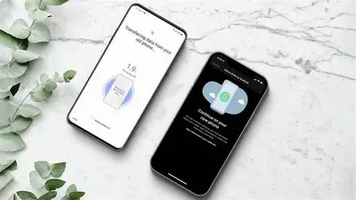 Two smartphones side by side showing a data transfer in progress from an old phone to a new one