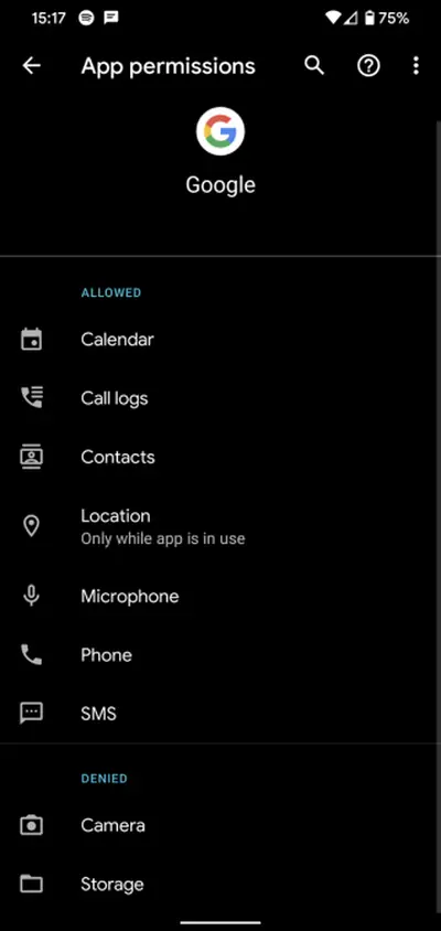 Android "App permissions" settings screen showing allowed and denied permissions
