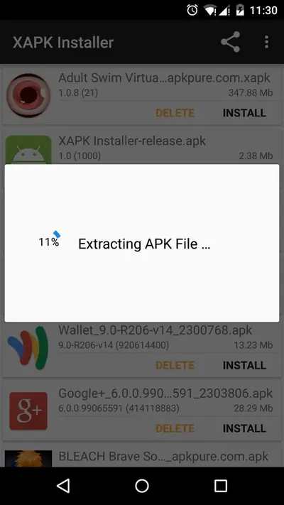 XAPK Installer app on Android listing XAPK and APK files with an extracting progress dialog