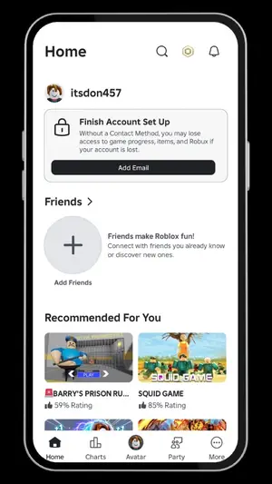 Roblox app home screen showing the game library with recommended games