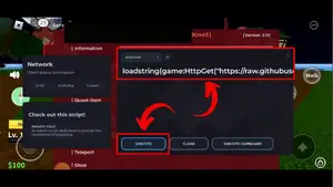 Delta Executor script editor with a loadstring script loaded and the Execute button highlighted
